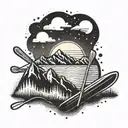 A sun setting behind a mountain range with skis and surfboards crossed in front tattoo design idea