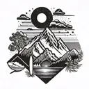 A sun setting behind a mountain range with skis and surfboards crossed in front tattoo design idea