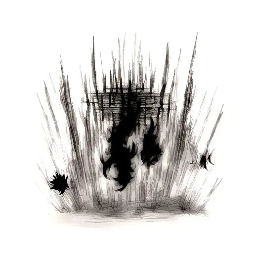 A surreal composition combining elements from Jujutsu Kaisen, such as cursed spirits and talismans, in a black-grey style tattoo design idea