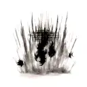 A surreal composition combining elements from Jujutsu Kaisen, such as cursed spirits and talismans, in a black-grey style tattoo design idea