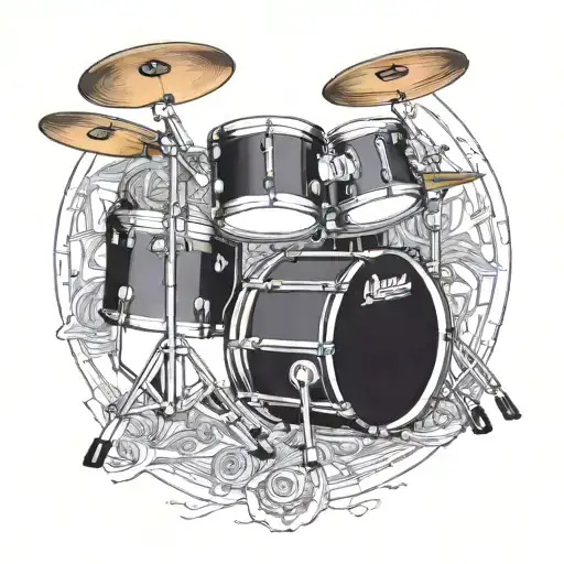 A traditional style tattoo of a drum set surrounded by intricate geometric patterns symbolizing the connection between music and philosophy tattoo design idea