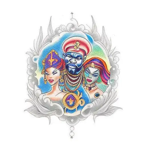 A traditional style tattoo of Shango and Yemaya together, with vibrant colors and intricate patterns tattoo design idea