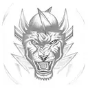 A fierce and powerful representation of Shango in a military uniform, with lightning bolts surrounding him tattoo design idea