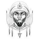 A fierce and powerful representation of Shango in a military uniform, with lightning bolts surrounding him tattoo design idea