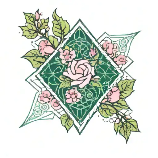 A diamond shape outline filled with pink flowersand green leaves featuring a ghost shell from the video game destiny tattoo design idea