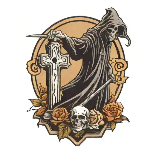 tombstone grim reaper standing tattoo design idea