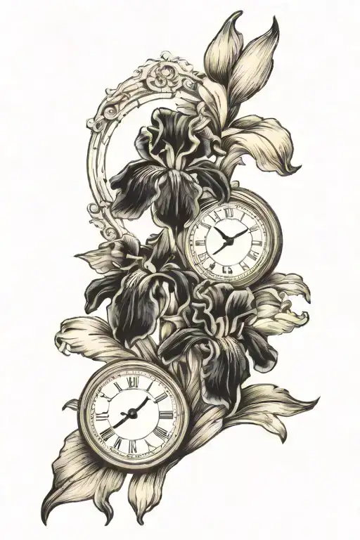 iris flowers with clock tattoo design idea