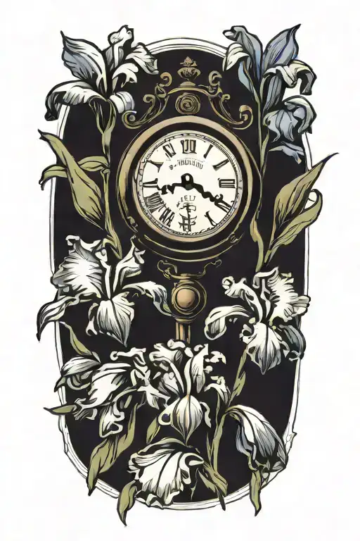 iris flowers with clock tattoo design idea