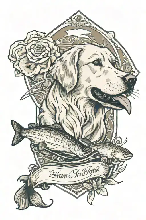 wife and kids names. outdoors. fishing. golden retriever tattoo design idea