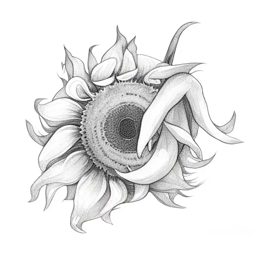 black and white ghost holding a black and white sunflower tattoo design idea