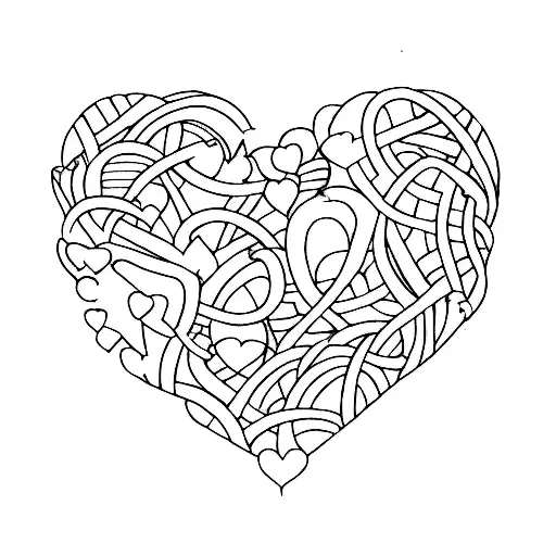 the silhouette of a heart and that inside it has a person, around it books, art, music, travel, coffee tattoo design idea