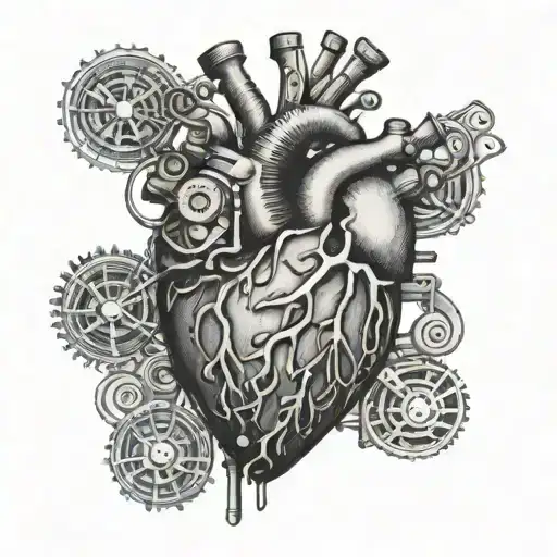 An anatomical heart made of car parts with musical instruments intertwined tattoo design idea