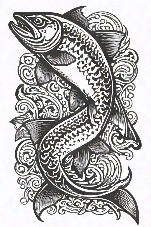 trout jumping on fly fishing tattoo design idea