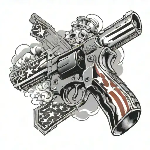 A gun-themed tattoo featuring the Ruger P95 pistol and a confederate flag design, with smoke swirling around the guns in a dynamic composition tattoo design idea