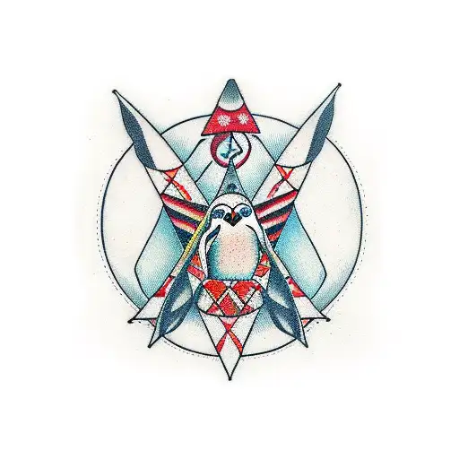 Penguin Female under a simple, two crossed lines teepee symbol, and include a box tattoo design idea