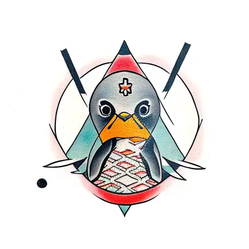 Penguin Female under a simple, two crossed lines teepee symbol, and include a box tattoo design idea