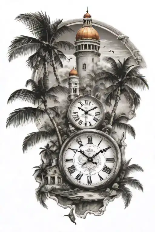 cuba island landscape and time clock tower  tattoo design idea