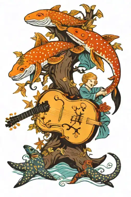 sea stars tree's animals playing musical instruments tattoo design idea