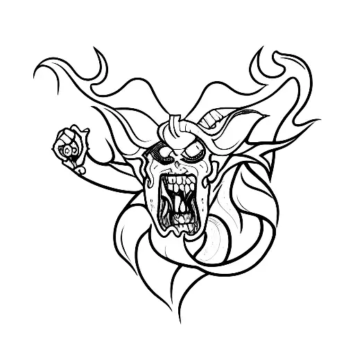 A black and grey tattoo of a demon holding a sign that says 11:11 tattoo design idea