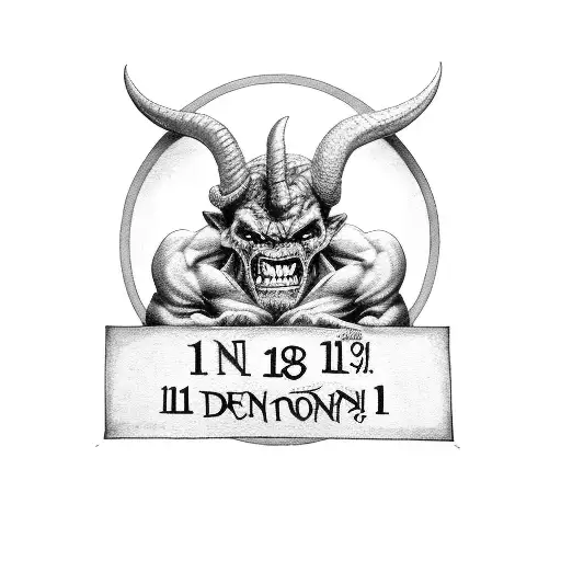 A black and grey tattoo of a demon holding a sign that says 11:11 tattoo design idea