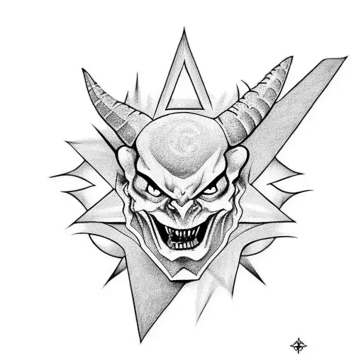 A black and grey tattoo of a demon holding a sign that says 11:11 tattoo design idea