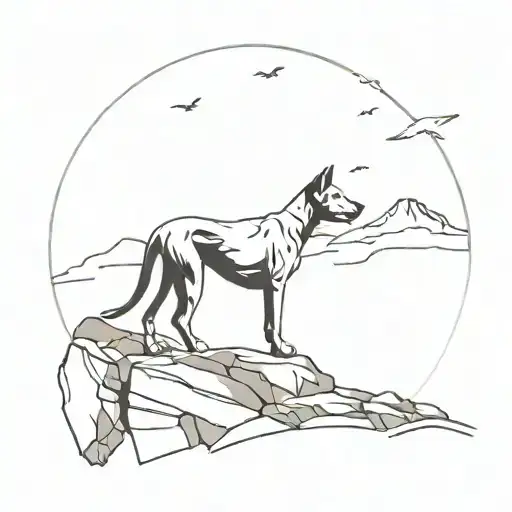 A minimalist design of a Great Dane silhouette against a backdrop of Arizona rocks and a bald eagle flying overhead tattoo design idea