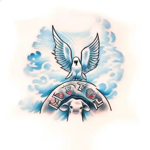 A traditional-style tattoo featuring a dove perched on an elephant's trunk, with clouds forming the shape of a cross in the background, representing the client's faith and the constant presence of God in their life. tattoo design idea