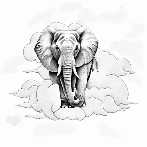 elephant surrounded by clouds and doves tattoo design idea