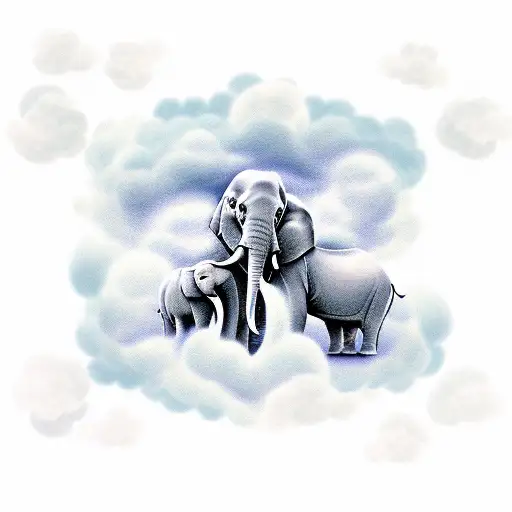 A heavenly scene with an elephant-shaped cloud surrounded by doves, symbolizing the client's connection to God and the spiritual significance of elephants. tattoo design idea