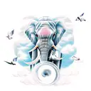 A heavenly scene with an elephant-shaped cloud surrounded by doves, symbolizing the client's connection to God and the spiritual significance of elephants. tattoo design idea
