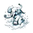 A heavenly scene with an elephant-shaped cloud surrounded by doves, symbolizing the client's connection to God and the spiritual significance of elephants. tattoo design idea