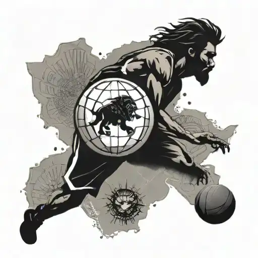 A basketball player silhouette with a lion's head, symbolizing the strength of a Leo athlete, with a map of the Philippines in the background tattoo design idea