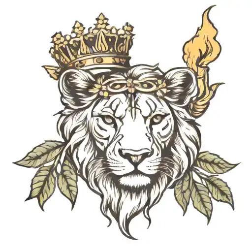 laurel wreath, lioness, crown, candle burning tattoo design idea