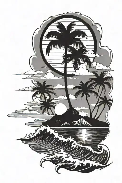Calm ocean and life like wave breaking right, 3 black palm trees on sides, island in back ground, full white sun setting tattoo design idea