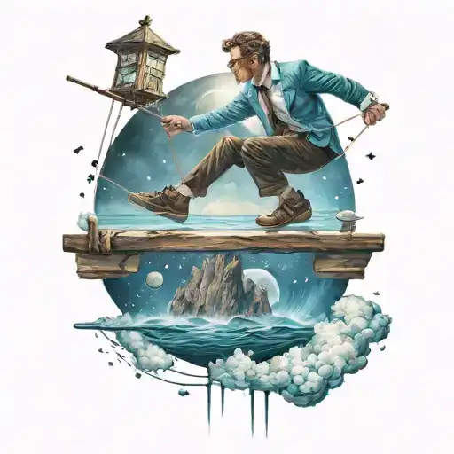 An accountant balancing on a tightrope between the ocean and space tattoo design idea