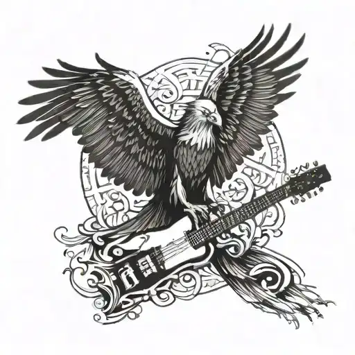 A blackwork design of a soaring eagle clutching a bass guitar in its talons, symbolizing freedom and musical expression tattoo design idea