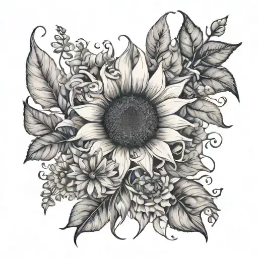 Floral tattoo with sunflower, wildflowers, and vines. Include a whipoorwill  tattoo design idea