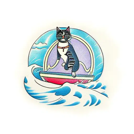 A 90's cartoon style beach scene with a cat surfing on a wave tattoo design idea