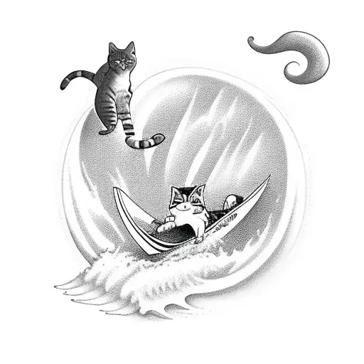 A 90's cartoon style beach scene with a cat surfing on a wave tattoo design idea