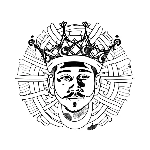 Portrait of Post Malone with a crown made of music notes tattoo design idea