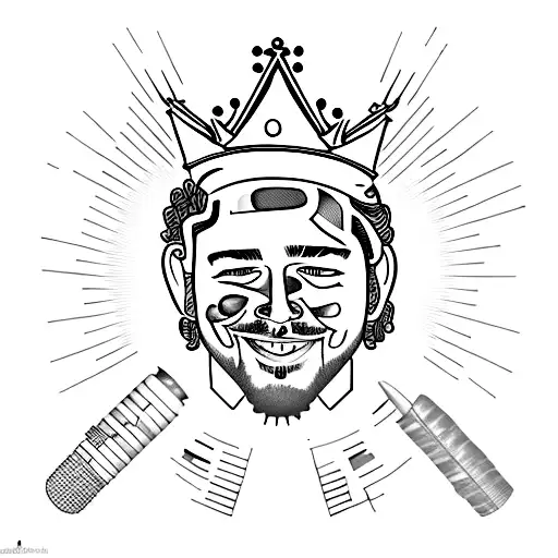 Portrait of Post Malone with a crown made of music notes tattoo design idea