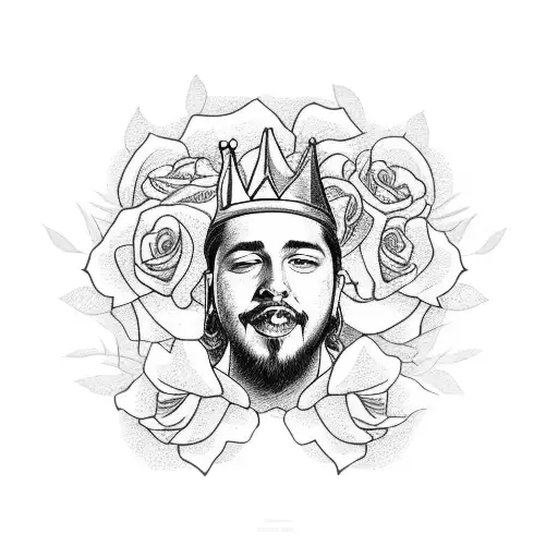 A portrait of Post Malone with a crown of roses tattoo design idea
