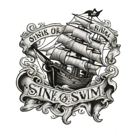 sink or swim words with pirate font with sunken ship  tattoo design idea