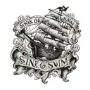 sink or swim words with pirate font with sunken ship  tattoo design idea