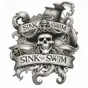 sink or swim words with pirate font with sunken ship  tattoo design idea