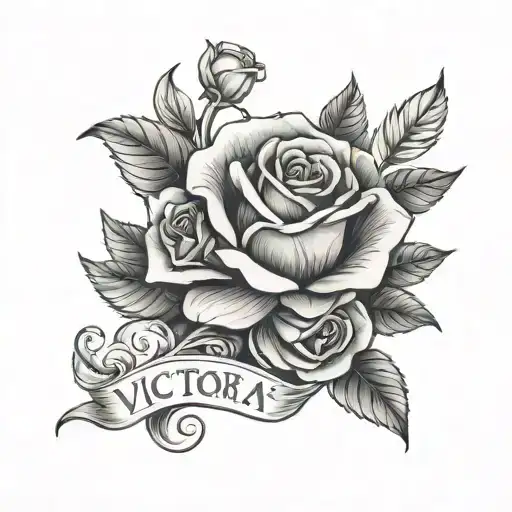 the name Victoria with roses blooming tattoo design idea
