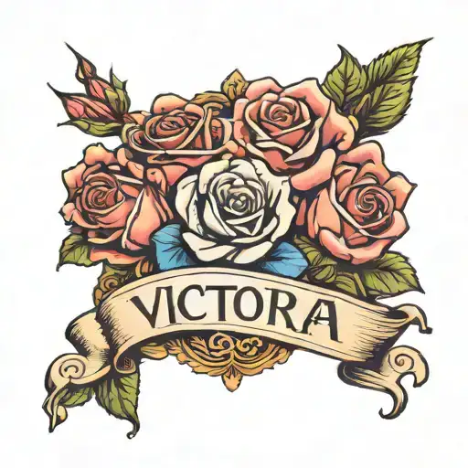 the name Victoria with roses blooming tattoo design idea