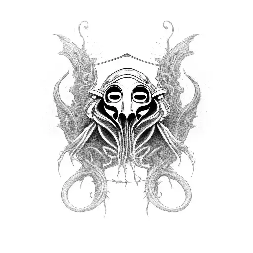 plague doctor character from darkset dungeon game is tangled from below by cthulu tentacles. plague doctor is stressed tattoo design idea
