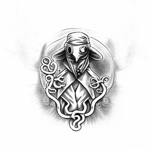 plague doctor character from darkset dungeon game is tangled from below by cthulu tentacles. plague doctor is stressed tattoo design idea