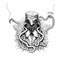 plague doctor character from darkset dungeon game is tangled from below by cthulu tentacles. plague doctor is stressed tattoo design idea